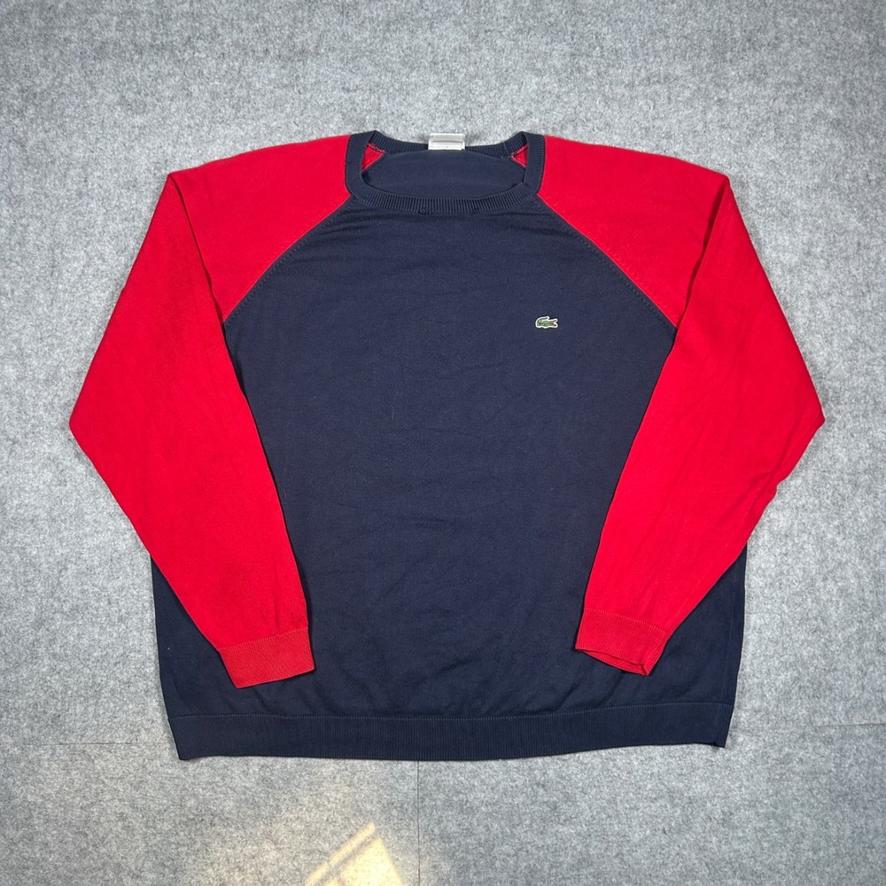 Lacoste Sweater Mens 9 2XL XXL Navy Blue Red Raglan Pullover‎ Preppy Casual Knit